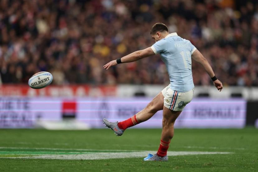 France's full-back Thomas Ramos kicks a conversion during the Six Nations international rugby union match between France and England at the Stade de France, in Saint-Denis, north of Paris, on March 14, 2026. FRANCK FIFE / AFP