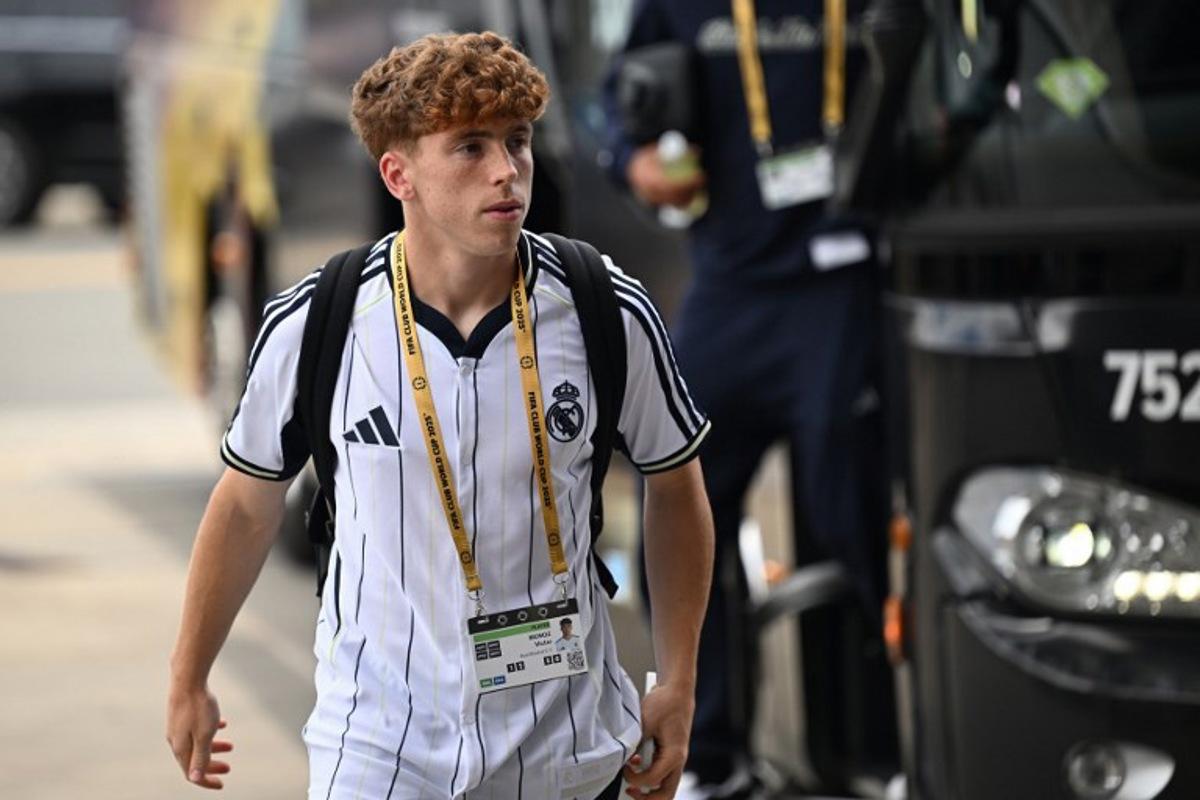 Real Madrid's Spanish midfielder #44 Victor Munoz arrives at the stadium ahead of the FIFA Club World Cup 2025 semifinal football match between France's Paris Saint-Germain and Spain's Real Madrid at the MetLife stadium in East Rutherford, New Jersey on July 9, 2025. Paul ELLIS / AFP