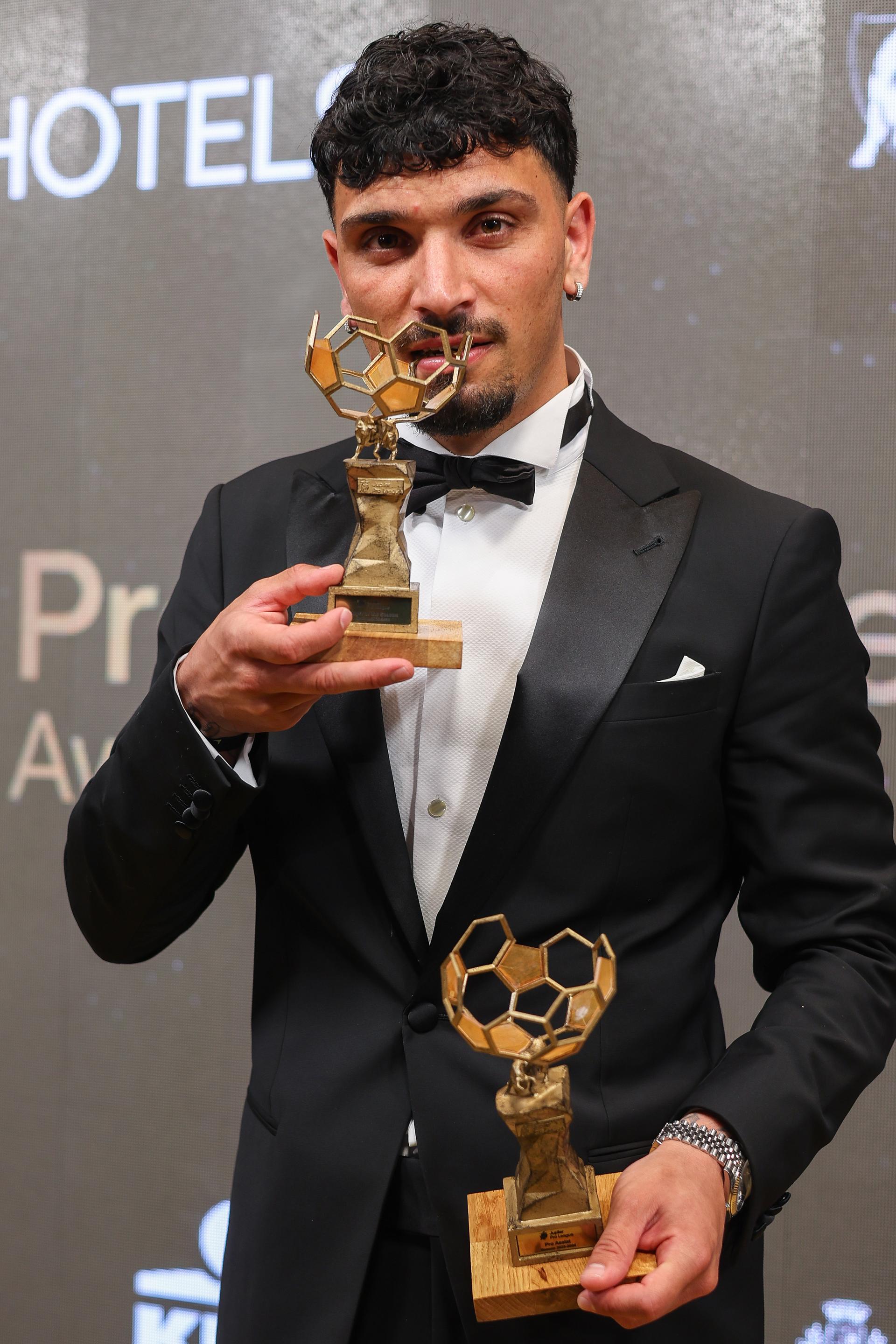 Union's Cameron Puertas Castro poses with his trophies for best assist and best player at the Pro League Awards 2024, for the best players in the 1st and 2nd divisions of the Belgian soccer championships, Monday 27 May 2024 in Middelkerke. BELGA PHOTO VIRGINIE LEFOUR