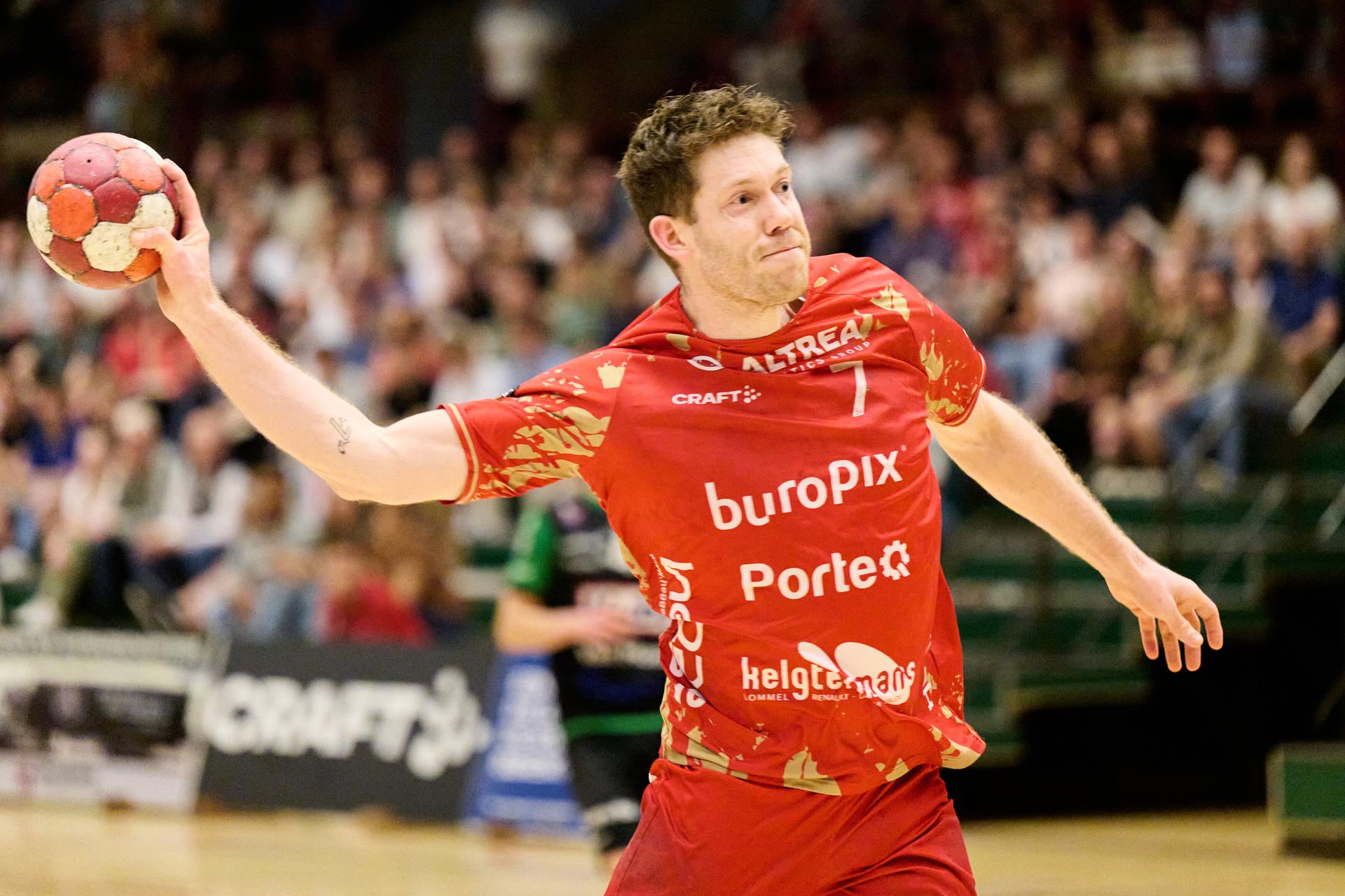 ATTENTION EDITORS - HAND OUT PICTURES - EDITORIAL USE WITH STORY ON HANDBALL ONLY - MANDATORY CREDIT ALAIN DECAMPS Pelt's Tommie Falke pictured in action during the handball match between Sporting Pelt and Hubo Handball, a game in the Belgian first league handball competition, on Wednesday 01 May 2024. BELGA PHOTO ALAIN DECAMPS
