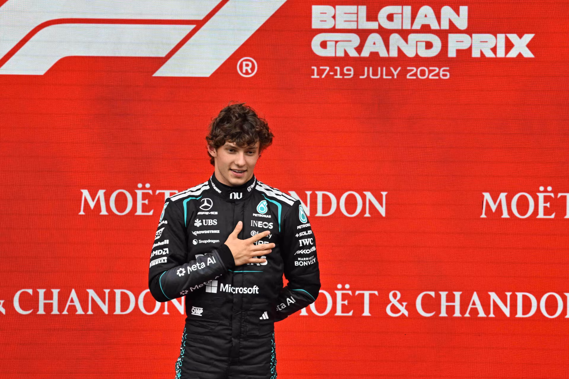 Mercedes Italian rider Kimi Antonelli celebrates on the podium after winning the Grand Prix F1 of Belgium race, in Spa-Francorchamps, Sunday 19 July 2026. The Spa-Francorchamps Formula One Grand Prix takes place this weekend, from July 17th to July 19th. BELGA PHOTO JONAS ROOSENS