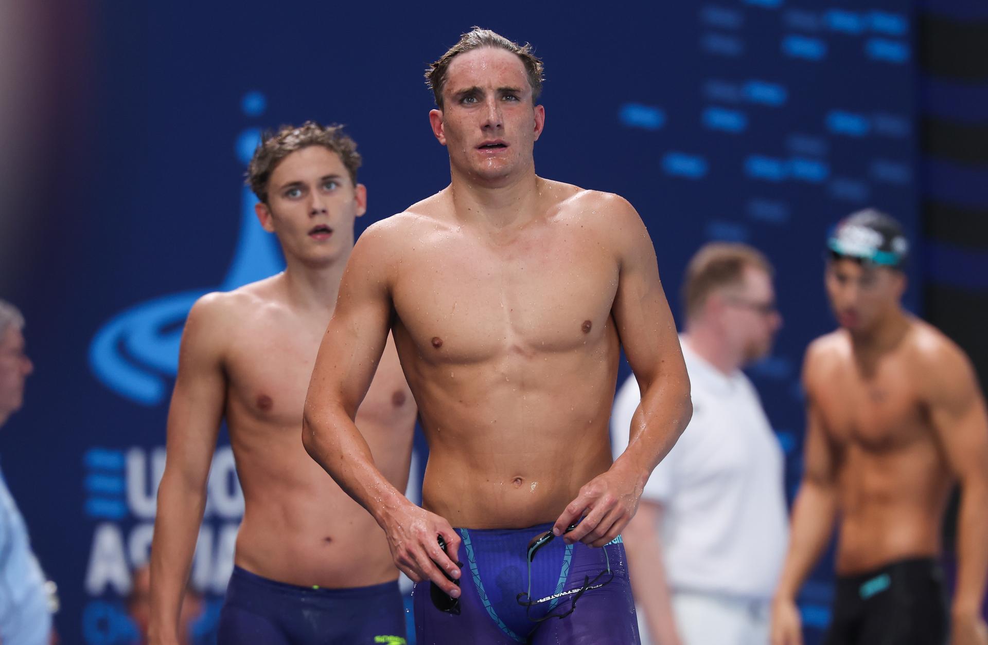 Belgian athlete Lucas Henveaux pictured after the heats of the Men's 400 m freestyle race on the last day of the European Aquatics Championships in Paris, France on Sunday 16 August 2026. BELGA PHOTO VIRGINIE LEFOUR