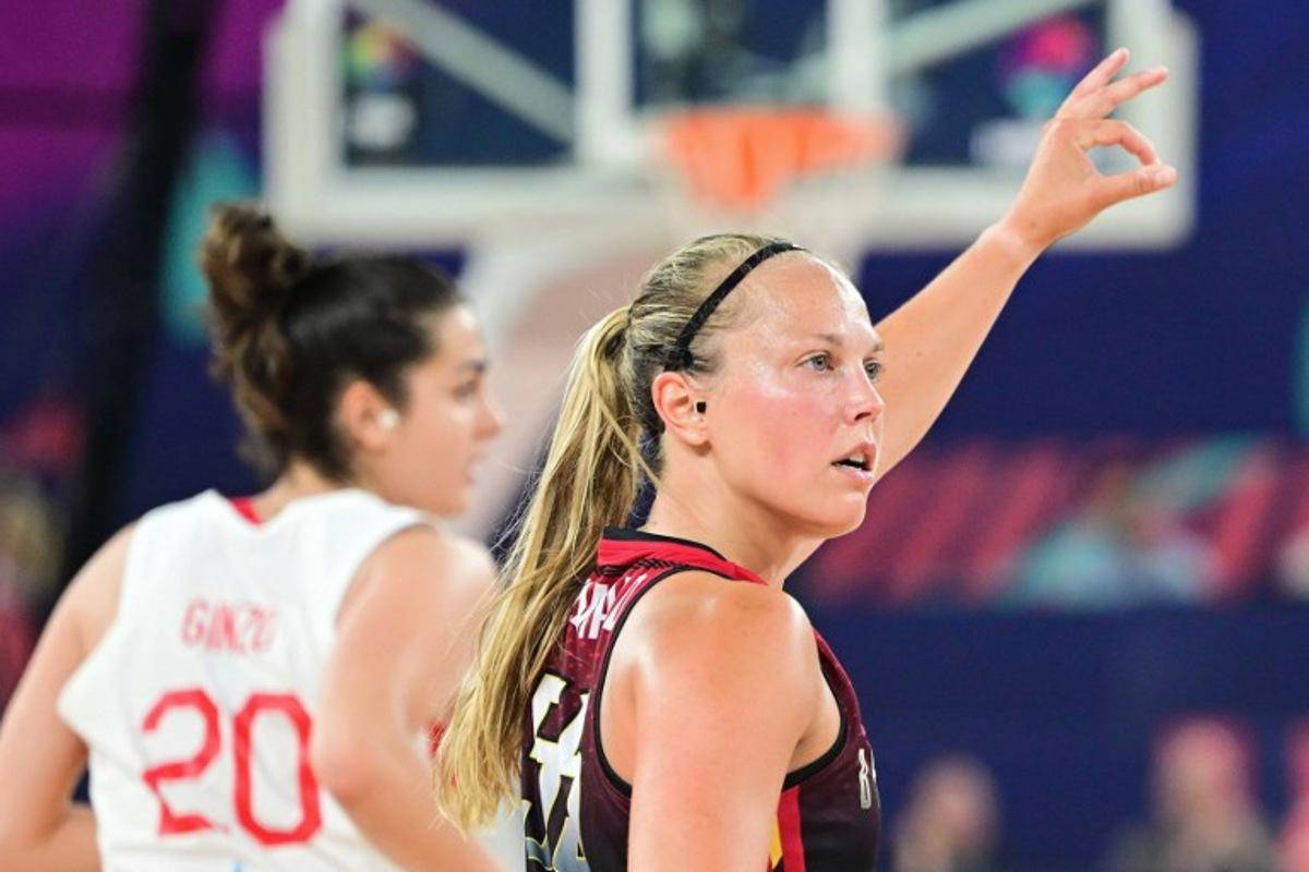 Belgium's point guard Julie Allemand reacts during the FIBA Women's Eurobasket 2023 final basketball match between Spain and Belgium at the Arena Stozice in Ljubljana, Slovenia, on June 25, 2023. Jure Makovec / AFP