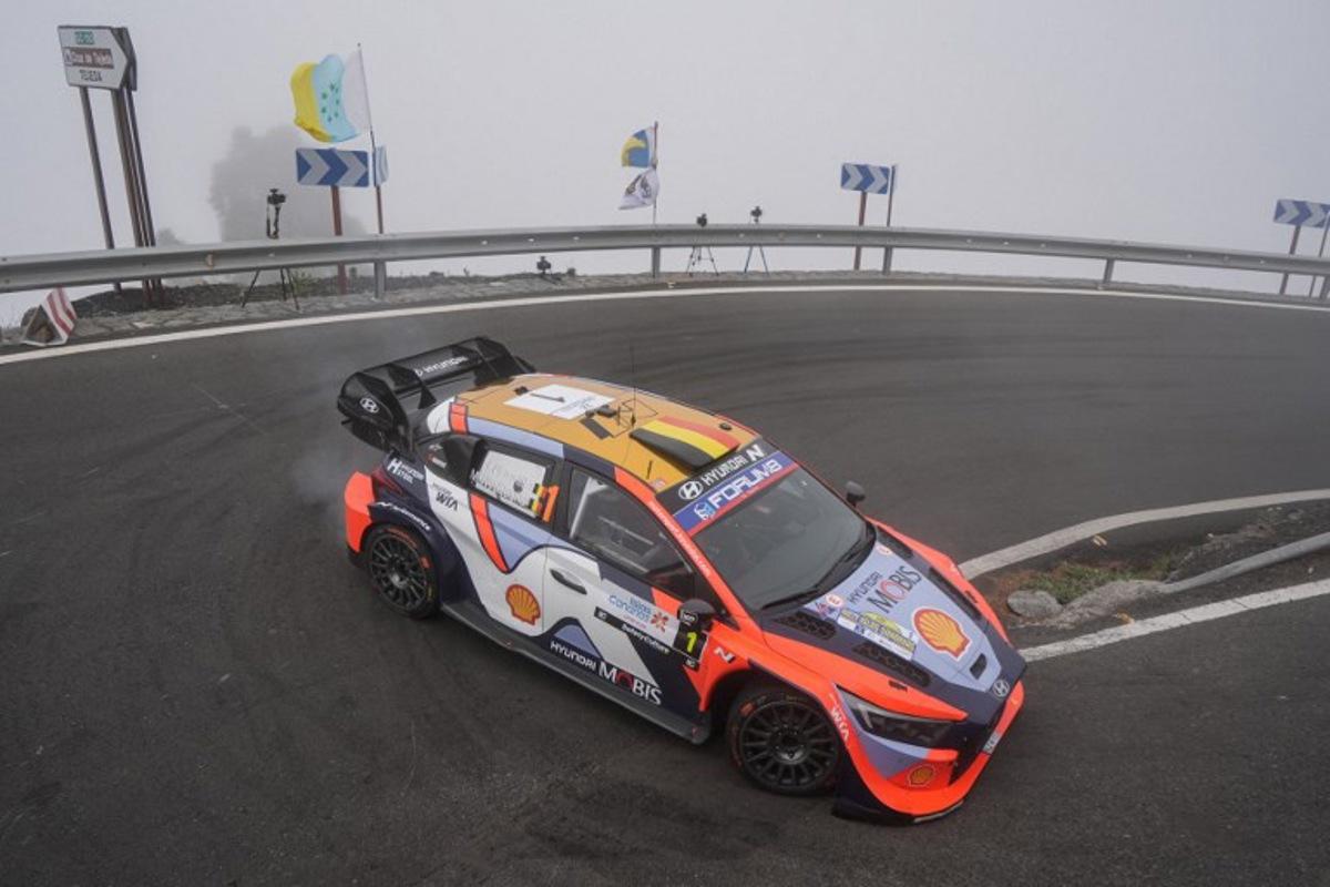 Thierry Neuville of Belgium and his co-driver Martijn Wydaeghe of Belgium compete in their Hyundai i20 N Rally 1 during the SS5 special between Valleseco-Artenara of the World Rally Championship (WRC) Rally Islas Canarias on the island of Gran Canaria in Spain's Canary Islands, on April 25, 2025. Manaure QUINTERO / AFP