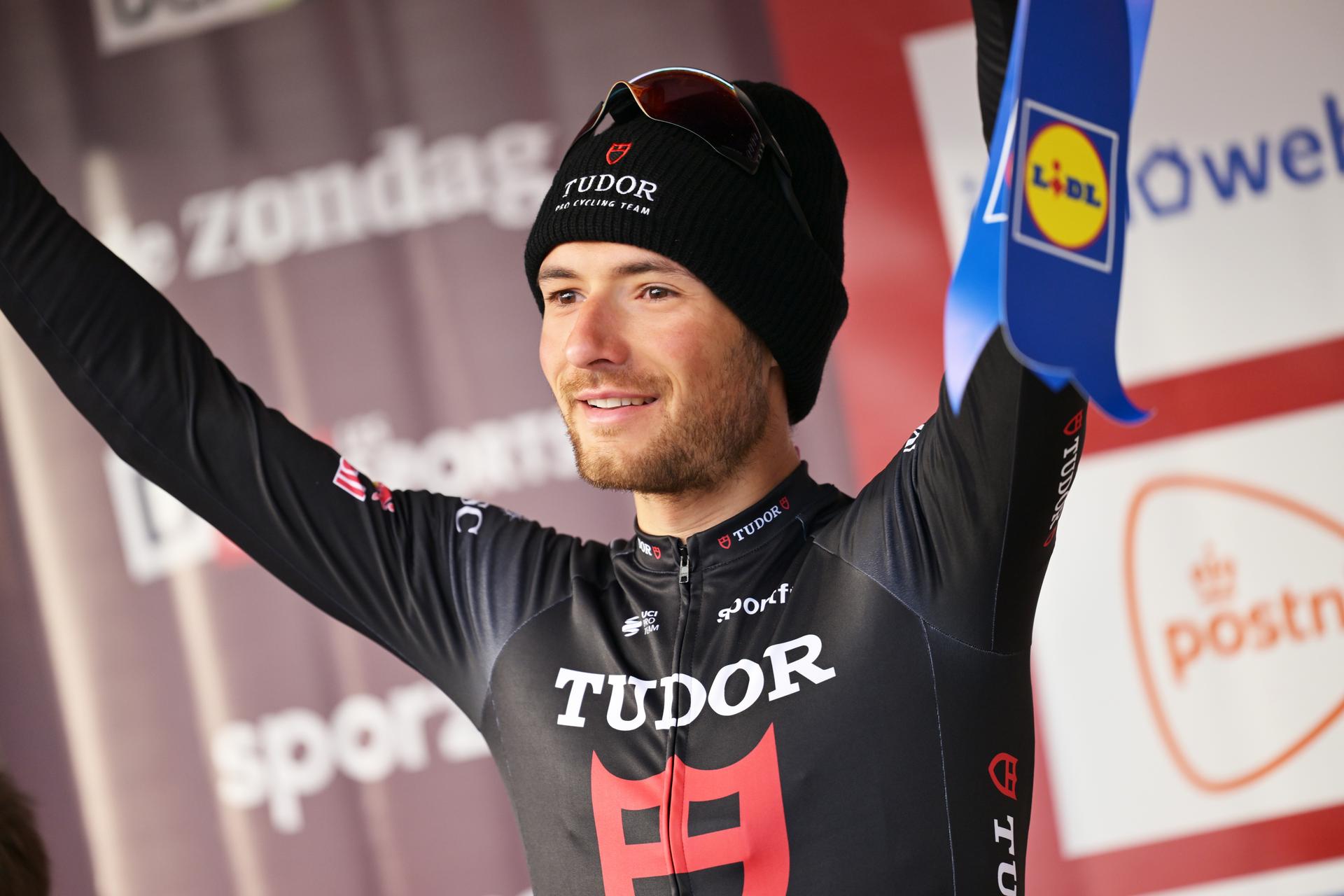 Italy's Luca Mozzato of Tudor Pro Cycling Team celebrates his second place on the podium after the 78th edition of the men elite race of the Kuurne-Brussels-Kuurne one day cycling race, 195 km from Kuurne to Kuurne via Brussels, Sunday 01 March 2026. BELGA PHOTO DAVID PINTENS