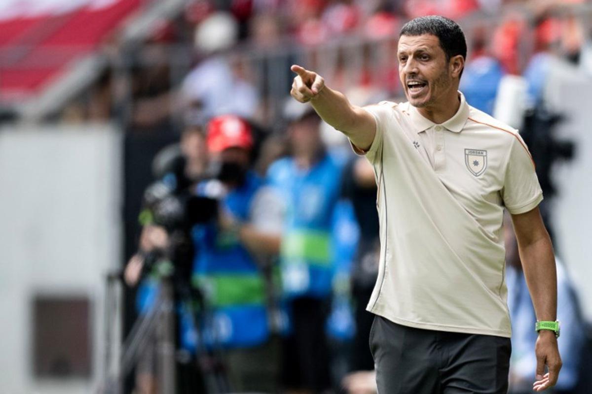 Jordan's Moroccan head coach Jamal Sellami reacts during a friendly match between Switzerland and Jordan ahead of the 2026 FIFA World Cup football tournament at the Kybunpark stadium, in St. Gallen, on May 31, 2026. Ennio LEANZA / AFP