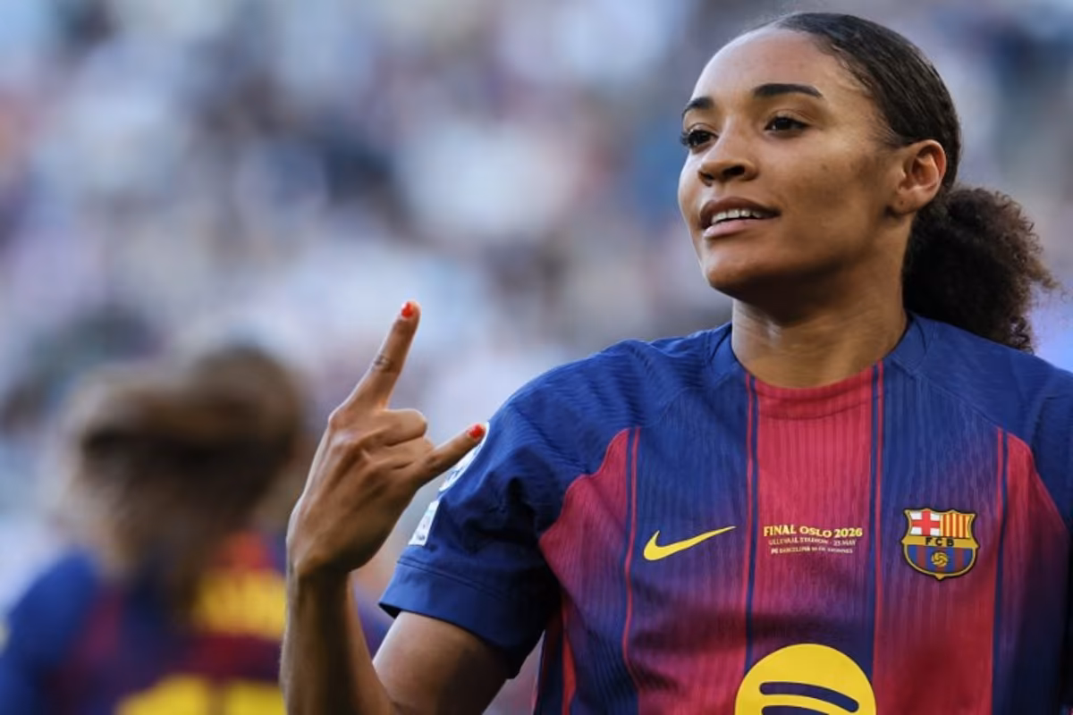 Barcelona's Spanish forward #07 Salma Paralluelo celebrates scoring her team's third goal during the UEFA Women's Champions League final football match between FC Barcelona and Olympique Lyonnais (OL) at the Ullevaal Stadium in Oslo, Norway on May 23, 2026. Odd ANDERSEN / AFP
