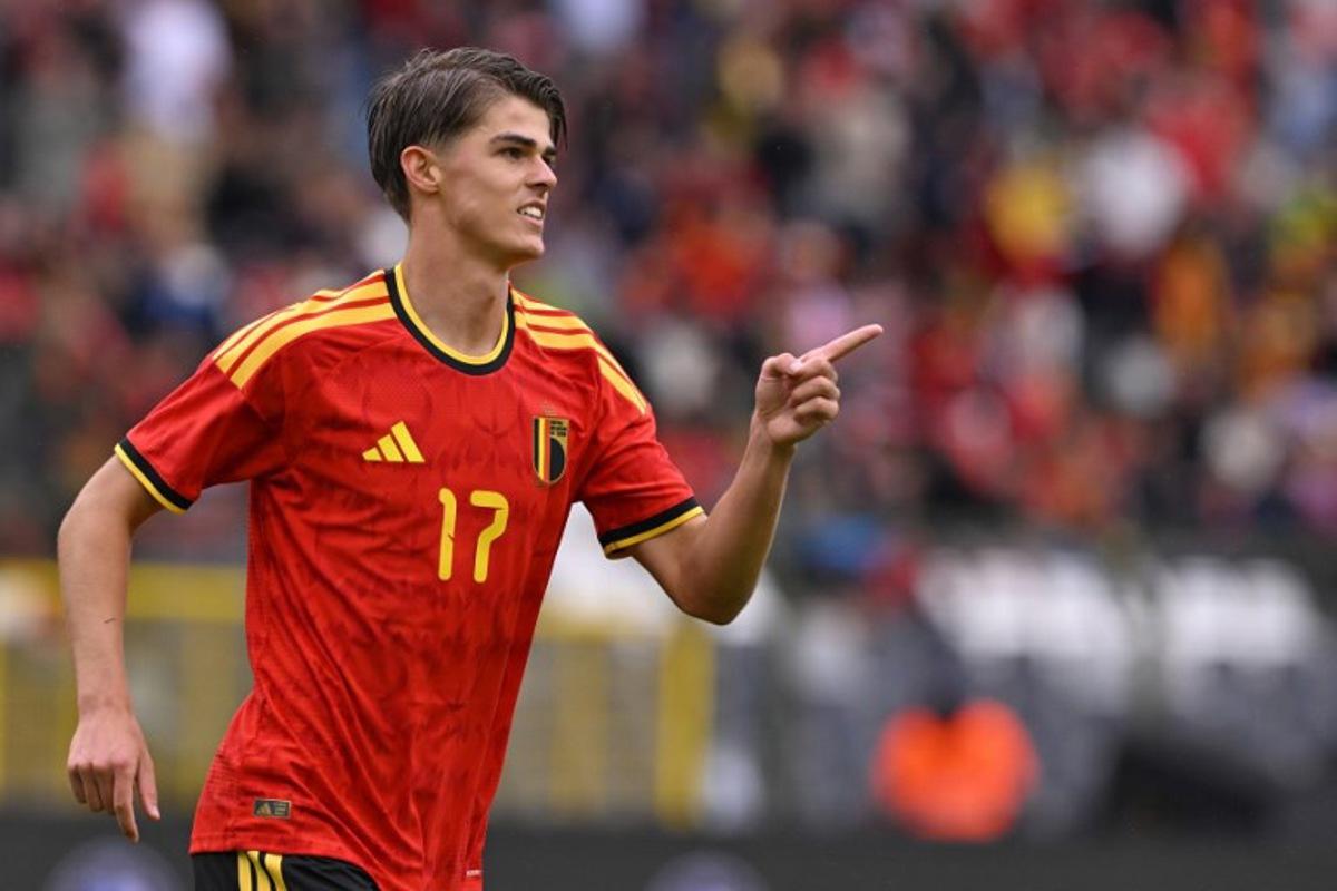 Belgium's forward #17 Charles De Ketelaere celebrates after scoring a goal during the international friendly football match between Belgium and Tunisia at the King Baudouin Stadium in Brussels on June 6, 2026. JOHN THYS / AFP