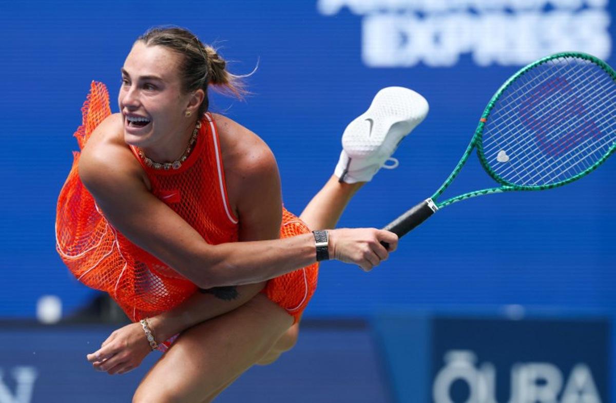 Belarus' Aryna Sabalenka serves to Colombia's Camila Osorio during the women's singles first round tennis match on day two of the US Open tennis tournament at the USTA Billie Jean King National Tennis Center in New York on August 31, 2026. TIMOTHY A. CLARY / AFP