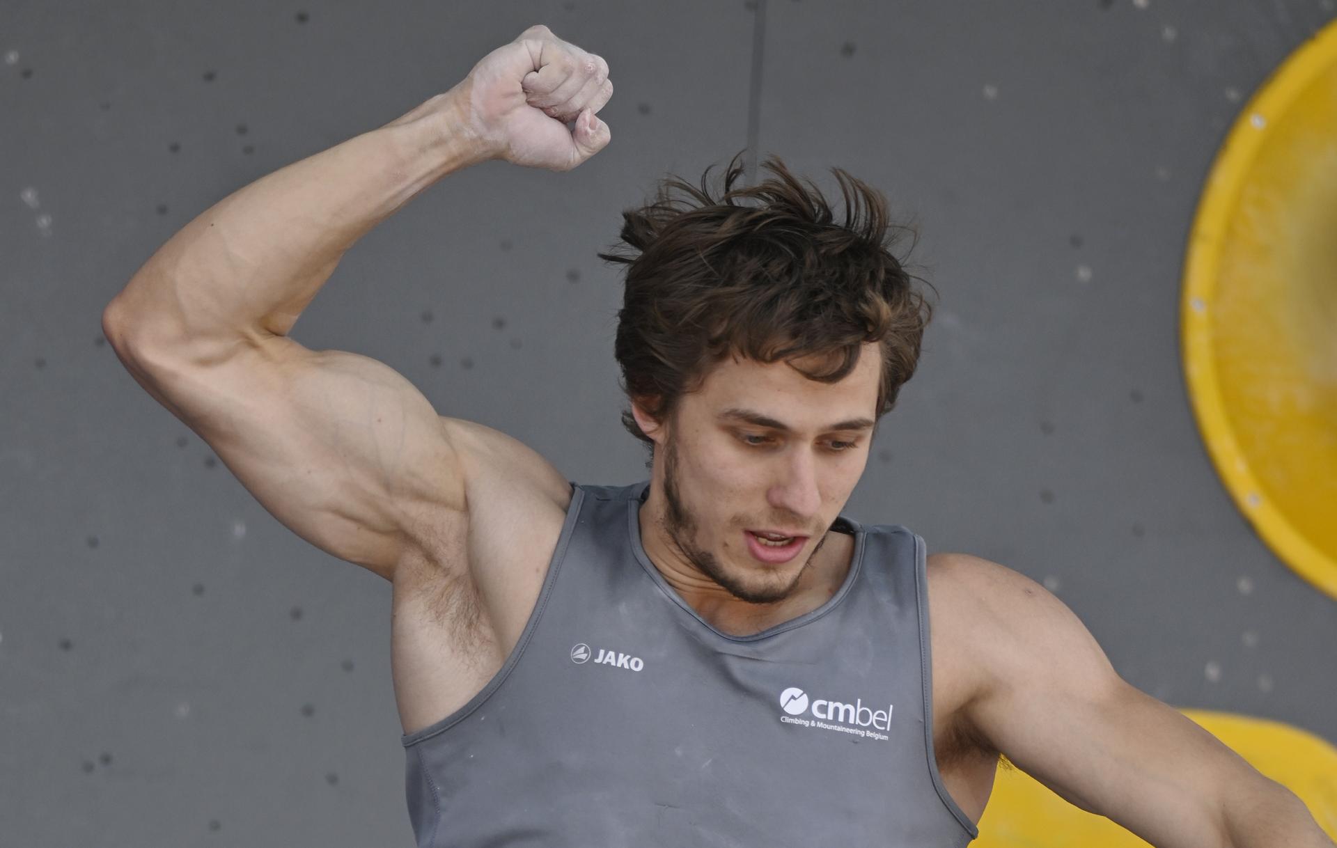 Belgian Nicolas Collin pictured in action during the qualifications for the men's sport climbing boulder event, at the European Championships Munich 2022, in Munich, Germany, on Thursday 11 August 2022. The second edition of the European Championships takes place from 11 to 22 August and features nine sports. BELGA PHOTO ERIC LALMAND