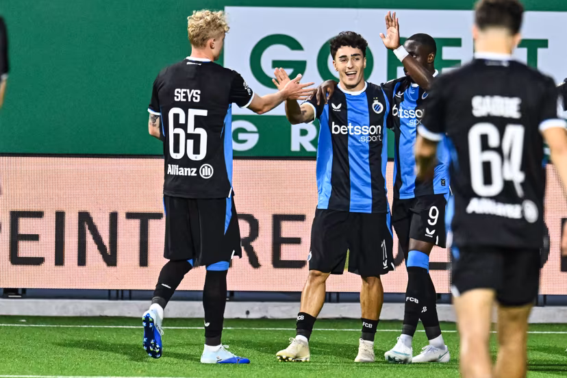 Club's Jan Virgili and Club's Carlos Forbs Club's players celebrate after scoring during a soccer match between RAAL La Louviere and Club Brugge, Saturday 10 October 2026 in La Louviere, on day 8 of the 2026-2027 'Jupiler Pro League' first division of the Belgian championship. BELGA PHOTO EMILE WINDAL