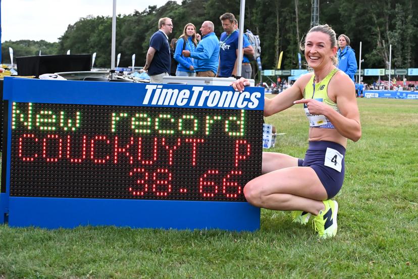 Belgian Paulien Couckuyt celebrates a Belgian record at the 300m hurdles at the 47th edition of the Nacht van de Atletiek' athletics meeting in Heusden-Zolder, Saturday 18 July 2026. This Bronze competition is part of the World Athletics Continental Tour. BELGA PHOTO JILL DELSAUX