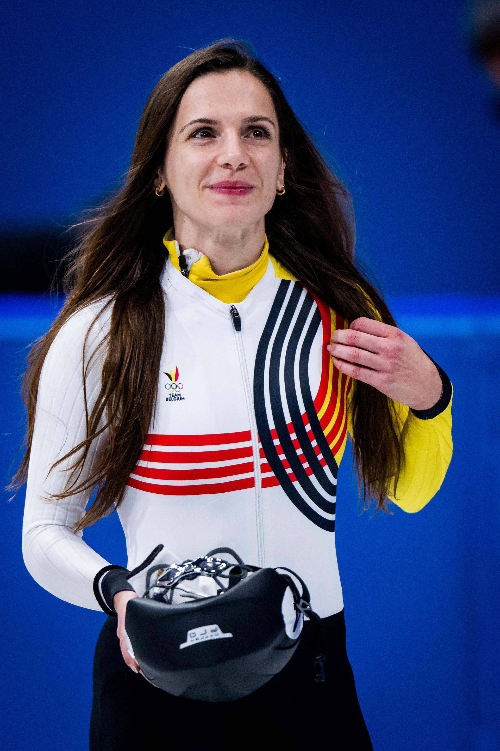 Belgian shorttrack skater Hanne Desmet celebrates after winning the bronze medal during the finals of the Mixed Team Relay of the Short Track Speed Skating competition at the Milano Cortina 2026 Olympic Winter Games, on Tuesday 10 February 2026 in Milan, Italy. The XXV Winter Olympics take place from 6 to 22 February 2026 in Italy. BELGA PHOTO JASPER JACOBS