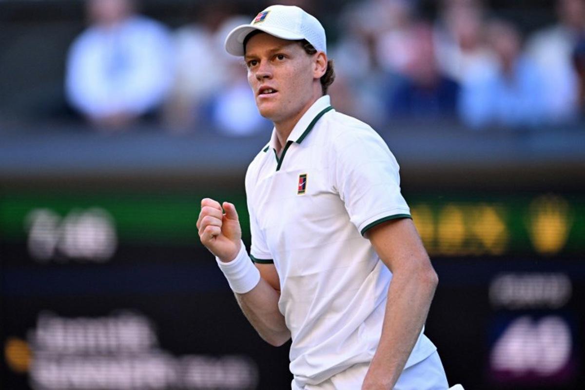 Italy's Jannik Sinner reacts as he plays against Germany's Alexander Zverev during their men's singles final tennis match on the fourteenth day of the 2026 Wimbledon Championships at The All England Lawn Tennis and Croquet Club in Wimbledon, southwest London, on July 12, 2026. Kirill KUDRYAVTSEV / AFP