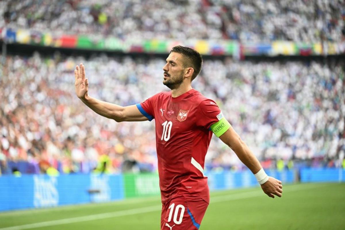 Serbia's forward #10 Dusan Tadic reacts during the UEFA Euro 2024 Group C football match between Slovenia and Serbia at the Munich Football Arena in Munich, southern Germany, on June 20, 2024. Fabrice COFFRINI / AFP