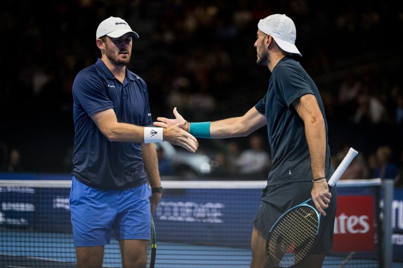 Robert Galloway of the United States and Constantin Frantzen of Germany pictured in action during the European Open ATP tennis tournament in Brussels, on Sunday 25 October 2026. This year's edition of the tournament is taking place from 17 to 25 October BELGA PHOTO JASPER JACOBS