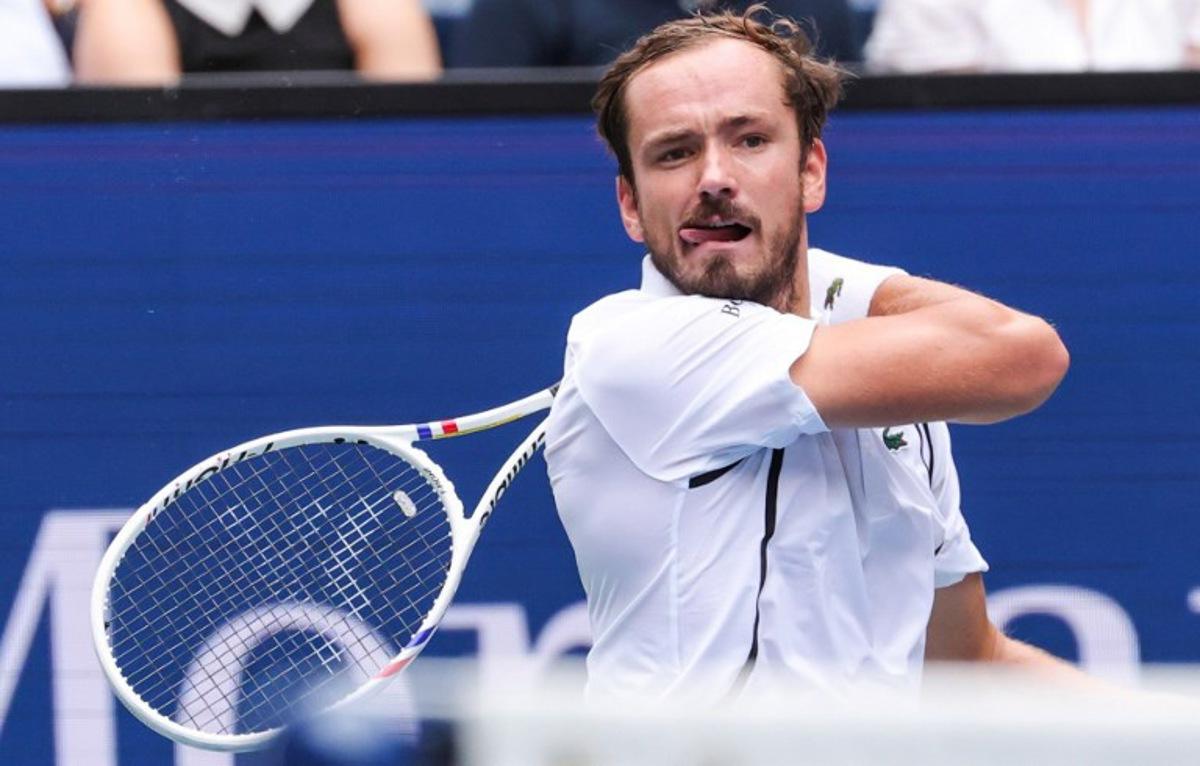 Russia's Daniil Medvedev hits a return to USA's Sebastian Gorzny during their men's singles second round tennis match on day four of the US Open tennis tournament at the USTA Billie Jean King National Tennis Center in New York on September 2, 2026. KENA BETANCUR / AFP