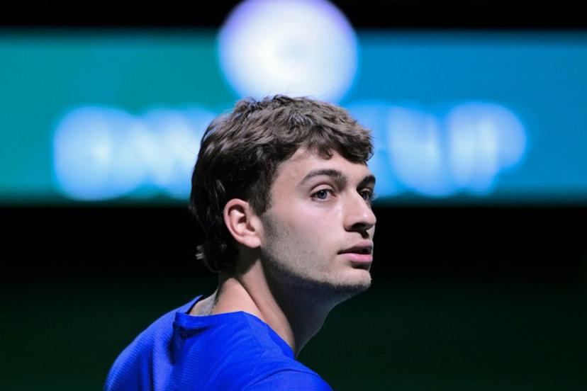 Italy's Flavio Cobolli reacts after winning against Austria's Filip Misolic during their Davis Cup men's singles quarter finals tennis match, at the Super Tennis Arena, in Bologna, northen Italy, on November 19, 2025. Tiziana FABI / AFP