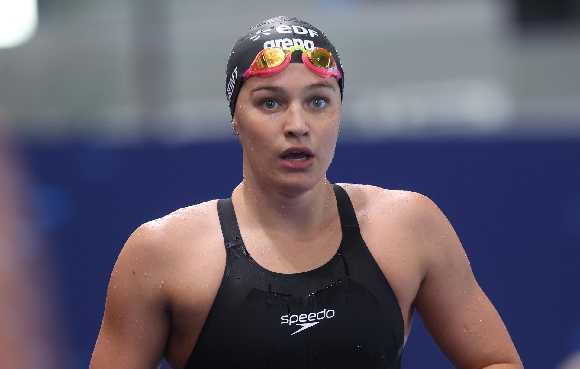 Belgian Sarah Dumont pictured after the final of the Women's 400 m freestyle race on the last day of the European Aquatics Championships in Paris, France on Sunday 16 August 2026. BELGA PHOTO VIRGINIE LEFOUR