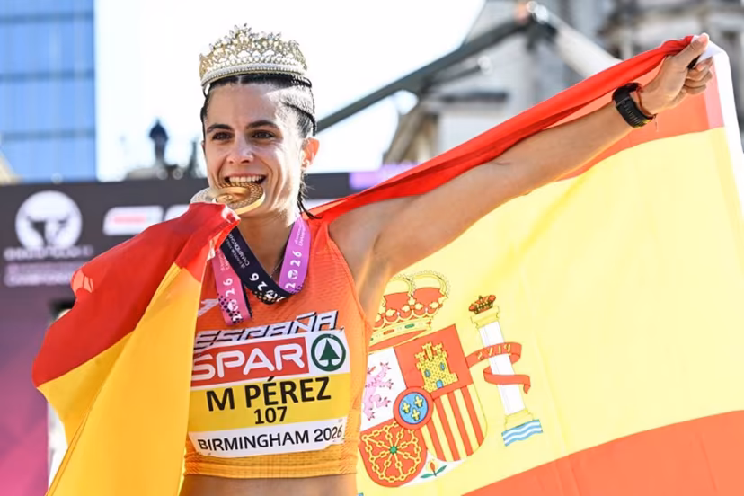 Gold medallist Spain's Maria Perez celebrates after winning the women's half marathon race walk during the European Athletics Championships in Birmingham on August 15, 2026. Paul ELLIS / AFP