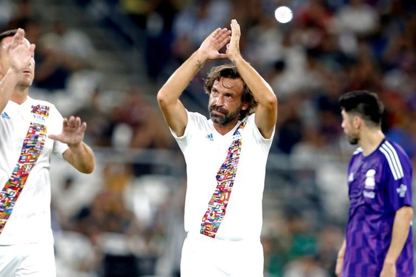 Fifa Legend's Italian midfielder Andrea Pirlo (C) celebrates after scoring during the 'Game of Legends' exhibition friendly football game between the 'Legends of Mexico' and 'FIFA International Legends', at BBVA Stadium in Monterrey, Nuevo Leon state, Mexico, on September 20, 2024. Julio Cesar AGUILAR / AFP