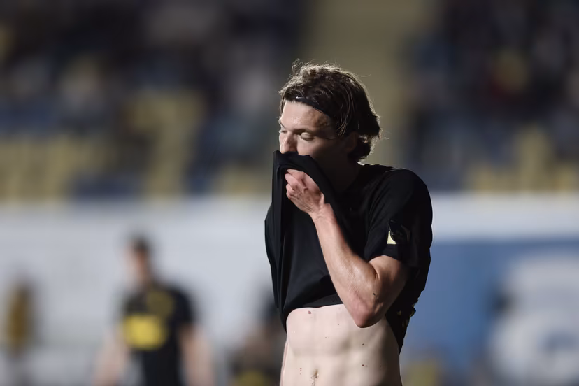 Union's Fedde Leysen reacts during a soccer match between Sint-Truiden VV and Royale Union Saint-Gilloise, Saturday 02 May 2026 in Sint-Truiden, on the sixth day of the Champion's Play-offs of the 2025-2026 'Jupiler Pro League' first division of the Belgian championship. BELGA PHOTO BRUNO FAHY