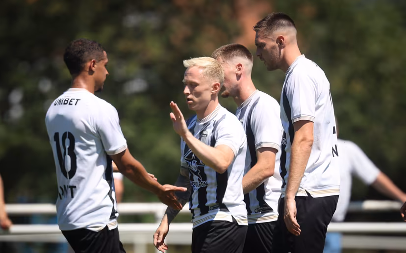 Charleroi's Patrick Pflucke celebrates after scoring during a friendly soccer game between Belgian first division team Sporting Charleroi and French second division team Stade de Reims on Saturday 11 July 2026 in Charleroi, in preparation of the upcoming 2026-2027 Belgian soccer season. BELGA PHOTO VIRGINIE LEFOUR