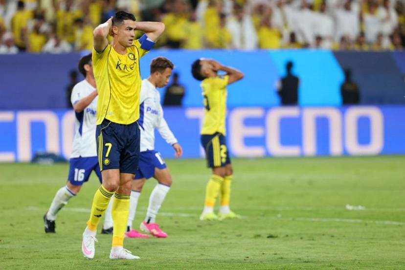 Nassr's Portuguese forward #07 Cristiano Ronaldo reacts during the 2026 AFC Champions League Two final football match between Al-Nassr and Gamba Osaka at the Al-Awwal Park Stadium in Riyadh on May 16, 2026. Fayez NURELDINE / AFP