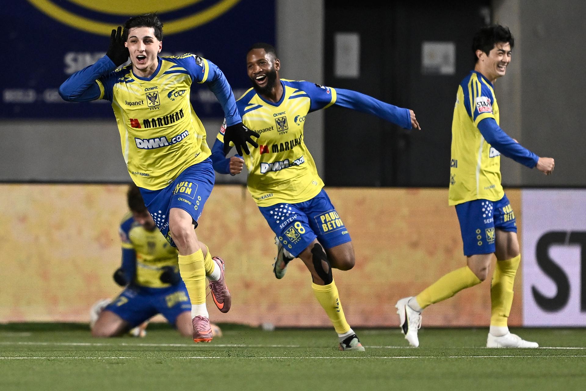 STVV's Andres Ferrari celebrates after scoring during a soccer match between Sint-Truidense V.V. and Club Brugge, Saturday 06 December 2025 in Sint-Truiden, on day 17 of the 2025-2026 'Jupiler Pro League' first division of the Belgian championship. BELGA PHOTO JOHAN EYCKENS