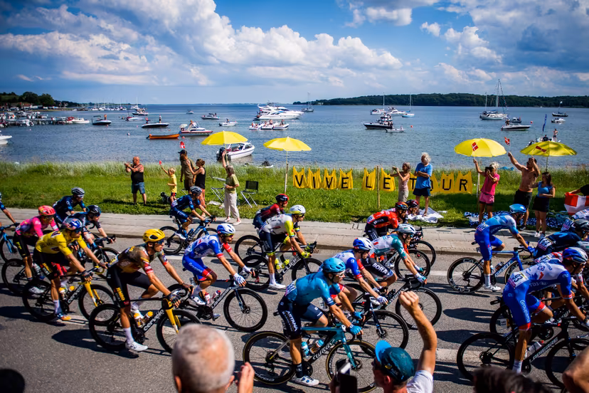 Illustration picture of the pack of riders pictured in action during stage three of the Tour de France cycling race, 182km from Vejle to Sonderborg, Denmark on Sunday 03 July 2022. This year's Tour de France takes place from 01 to 24 July 2022 and starts with three stages in Denmark. BELGA PHOTO JASPER JACOBS