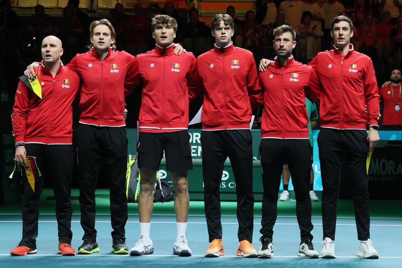 Belgium's players before the first game between Belgian Collignon and French Moutet of the Davis Cup quarter- final game between Belgium and France, in Bologna, Italy, on Tuesday 18 November 2025. Davis Cup top eight Finals takes place in Bologna from November 18 to 23. BELGA PHOTO BENOIT DOPPAGNE