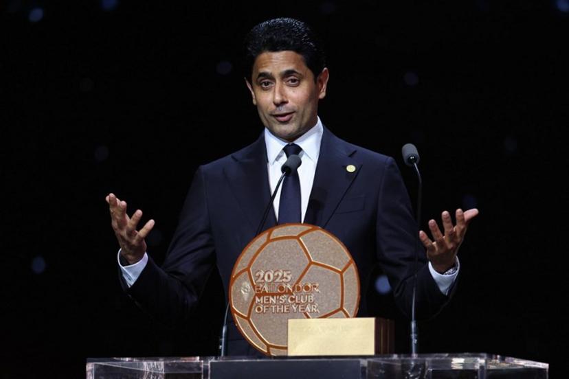 Paris Saint Germain's Qatari president Nasser al-Khelaifi gives a speech after the PSG won the best men's football club of the year award during the 2025 Ballon d'Or France Football award ceremony at the Theatre du Chatelet in Paris on September 22, 2025. Franck FIFE / AFP