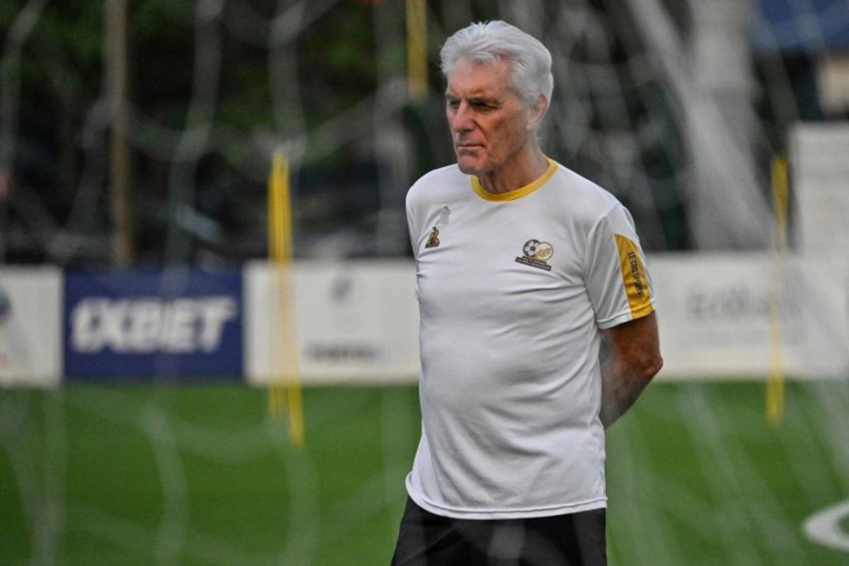 South Africa's headcoach Hugo Broos attends a training session at the Lycee Classique stadium in Abidjan on February 9, 2024, on the eve of the 2024 African Cup of Nations (CAN) football match between South Africa and DR Congo for third place. Sia KAMBOU / AFP