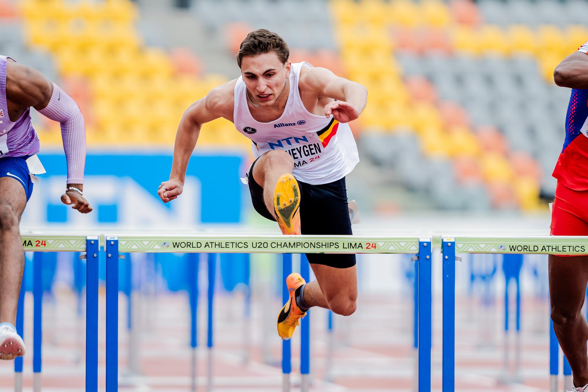 Belgian Zeno Van Neygen pictured in action during the men's 110m hurdles race, at the World Athletics U20 Championships, Thursday 29 August 2024, in Lima, Peru. The world championships take place from 27 to 31 August. BELGA PHOTO SONYA MALETER