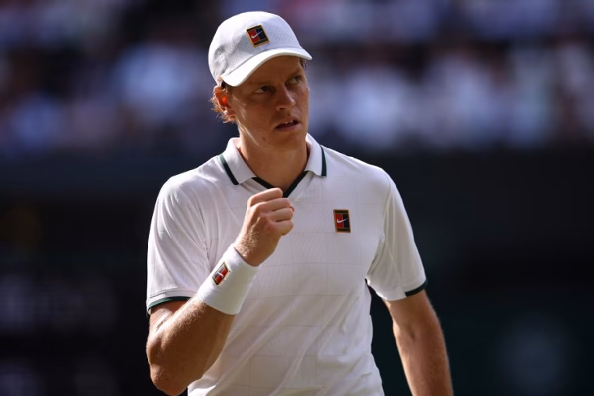 Italy's Jannik Sinner reacts against Serbia's Novak Djokovic during their men's singles semi-final tennis match on the twelfth day of the 2026 Wimbledon Championships at The All England Lawn Tennis and Croquet Club in Wimbledon, southwest London, on July 10, 2026. HENRY NICHOLLS / AFP