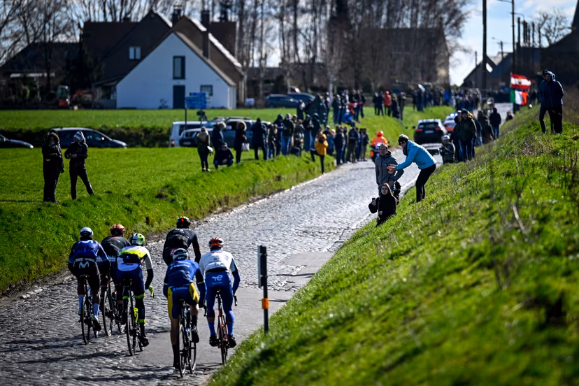 Belgian Gilles De Wilde of Team Flanders Baloise, Italian Daniel Oss of TotalEnergies, Dutch Taco van der Hoorn of Intermarche-Circus-Wanty, Belgian Guillaume Van Keirsbulck of Bingoal WB, Spanish Lluis Mas of Movistar Team and British Matthew Gibson of Human Powered Health pictured in action during the Kuurne-Brussels-Kuurne one day cycling race, 193 km from Kuurne to Kuurne via Brussels, Saturday 25 February 2023. BELGA PHOTO JASPER JACOBS