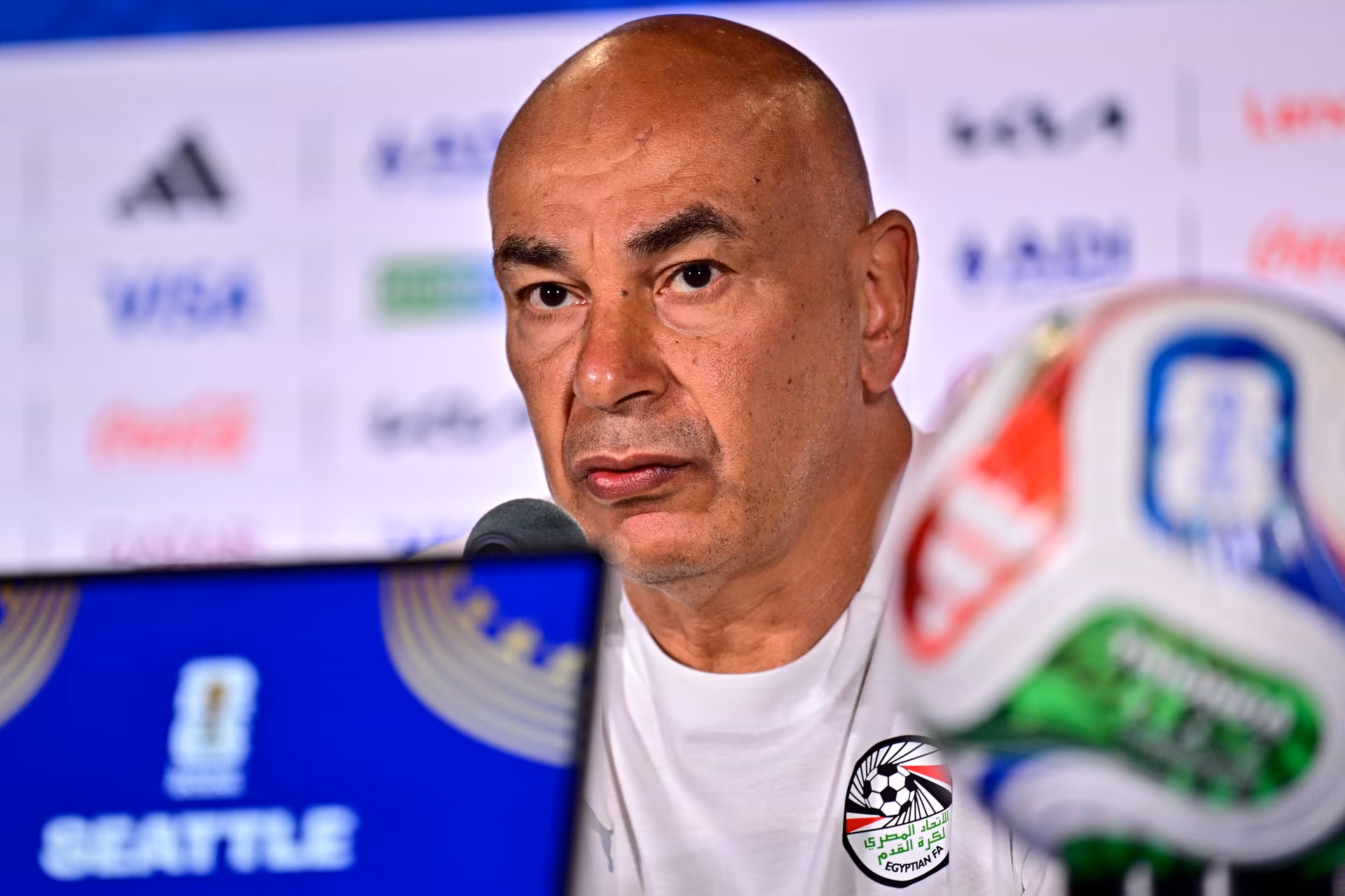Egypt's head coach Hossam Hassan pictured during a press conference of the Egyptian national soccer team on Sunday 14 June 2026 in Seattle, USA, ahead of their first game tomorrow against Belgian national soccer team Red Devils at the FIFA World Cup 2026. BELGA PHOTO DIRK WAEM