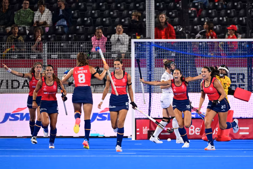 Spain's players celebrate after scoring during a field hockey game between Belgian national team Red Panthers and Spain during the group stage of the women's 2026 Hockey World Cup, on Tuesday 18 August 2026, in Wavre. The 2026 edition of the Hockey World Cup takes place in Belgium and The Netherlands from August 15 to August 30. BELGA PHOTO DIRK WAEM
