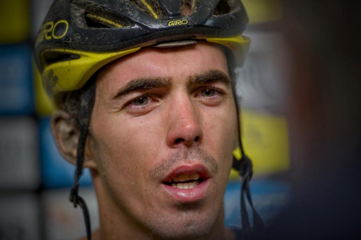 French rider of team Visma Lease A Bike Christophe Laporte speaks during a press conference after winning the 118th edition of the 213,9 km Paris-Tours one day cycling race, in Tours, central France on October 6, 2024. GUILLAUME SOUVANT / AFP
