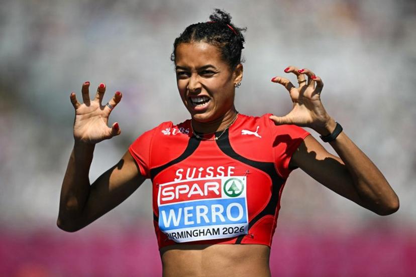 Switzerland's Audrey Werro celebrates after arriving first in the women's 800m heat 3 during the European Athletics Championships at Alexander Stadium in Birmingham on August 11, 2026. Paul ELLIS / AFP