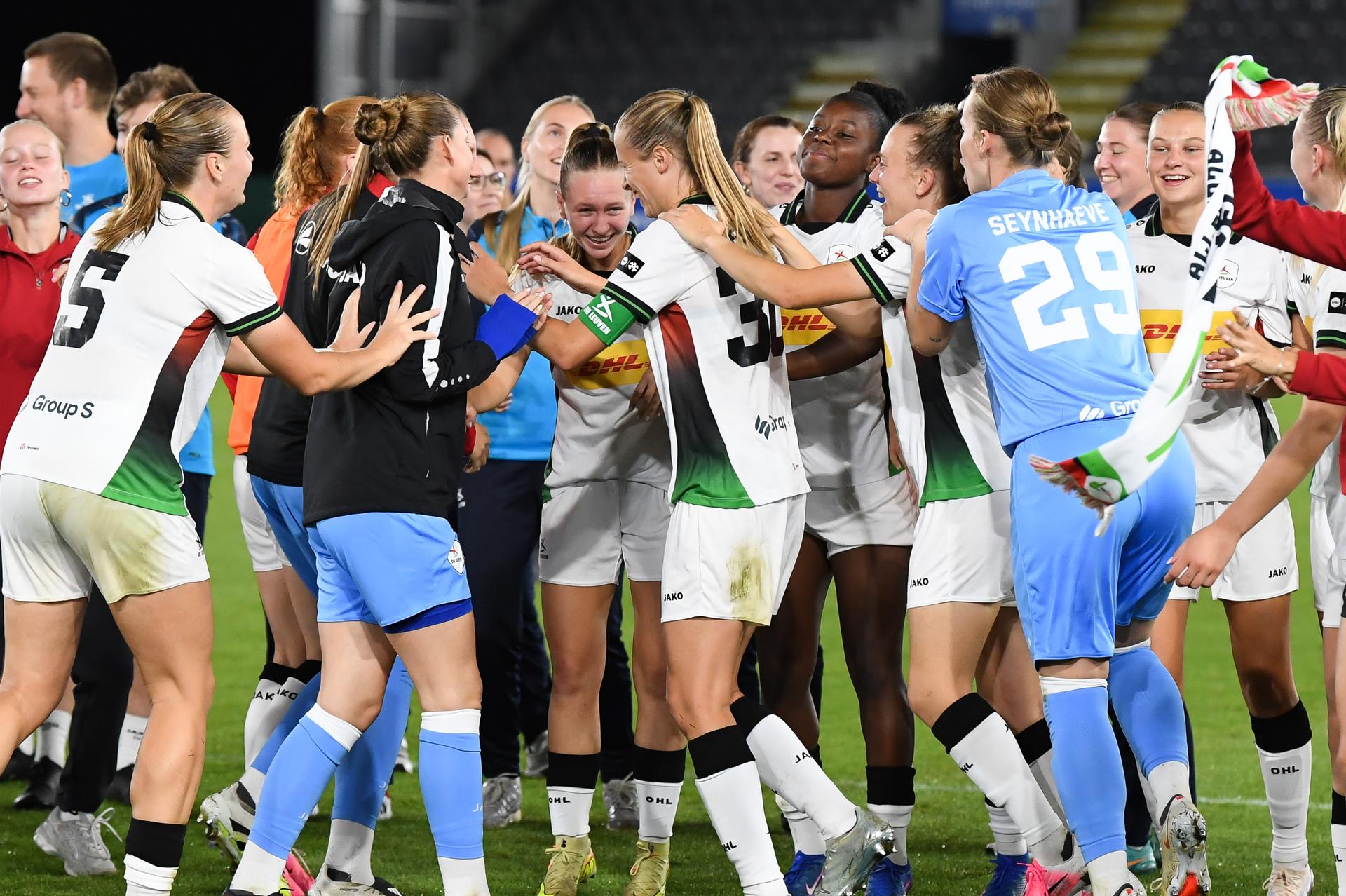 OHL's players celebrate after winning a game between Oud-Heverlee Leuven Women and Poland women team Czarni Sosnowiec, Wednesday 2 September 2026 in Leuven, a return leg in the third round qualification game in the UEFA Women's Champions League. OHL Women won 1-4 the first leg. BELGA PHOTO JILL DELSAUX