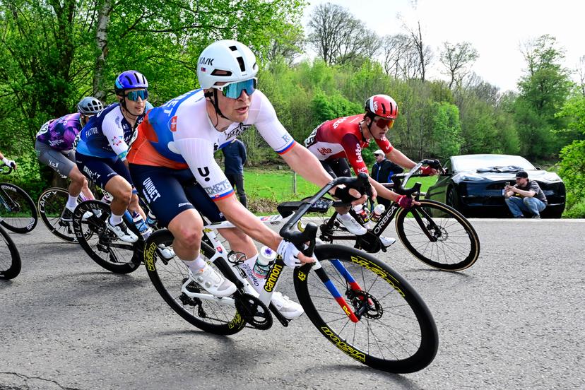 Slovakian Lukas Kubis of Unibet Tietema Rockets and New Zealand Reuben Thompson of Lotto Cycling Team pictured in action during the men elite 'Amstel Gold Race' one day cycling race, 255,9 km from Maastricht to Valkenburg, The Netherlands, Sunday 20 April 2025. BELGA PHOTO DIRK WAEM