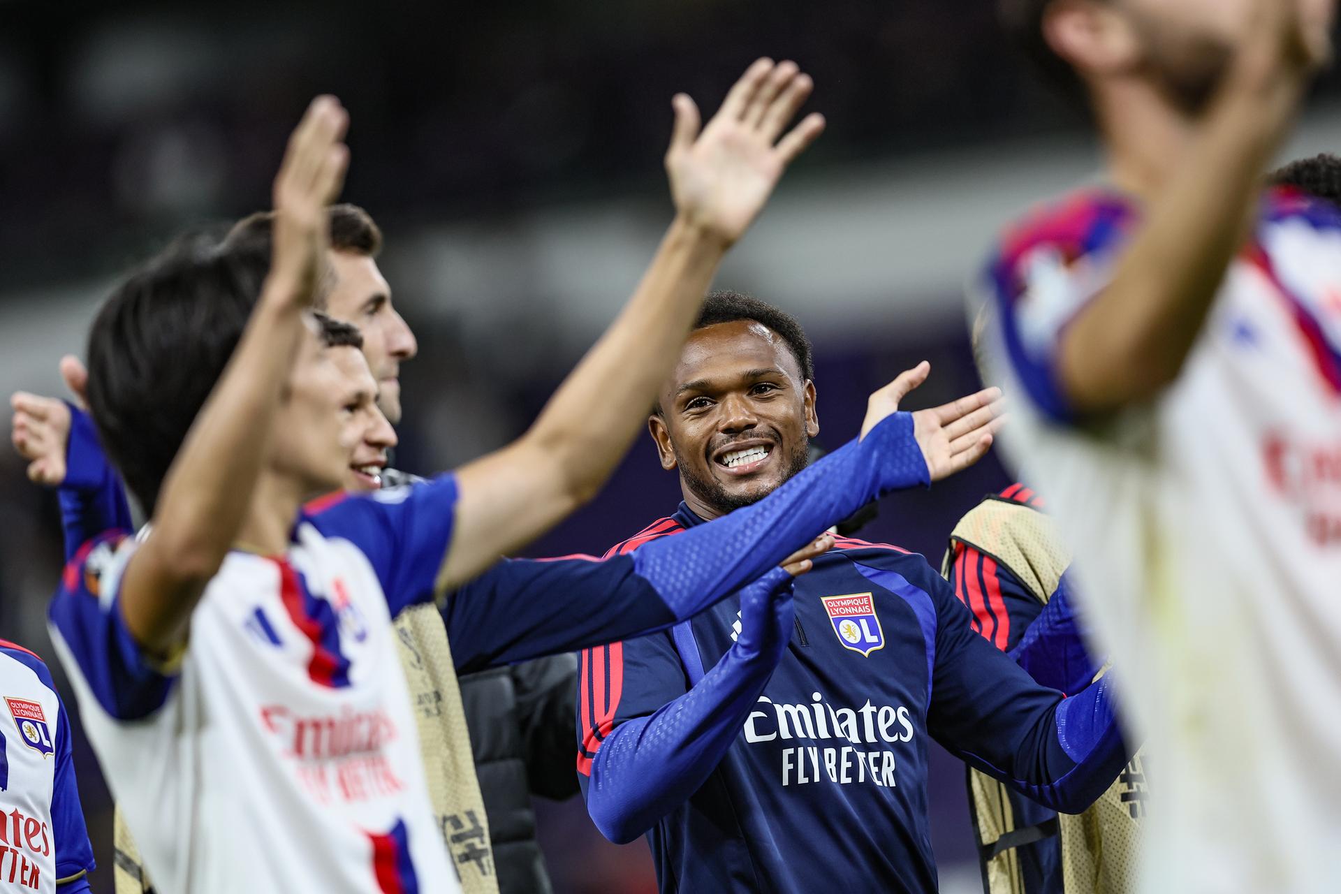 Lyon's Lois Openda celebrates after a soccer game between Belgian RSC Anderlecht and French Olympique Lyonnais, Wednesday 16 September 2026 in Brussels, on the first day (out of 8) of the league phase of the UEFA Europa League tournament. BELGA PHOTO BRUNO FAHY