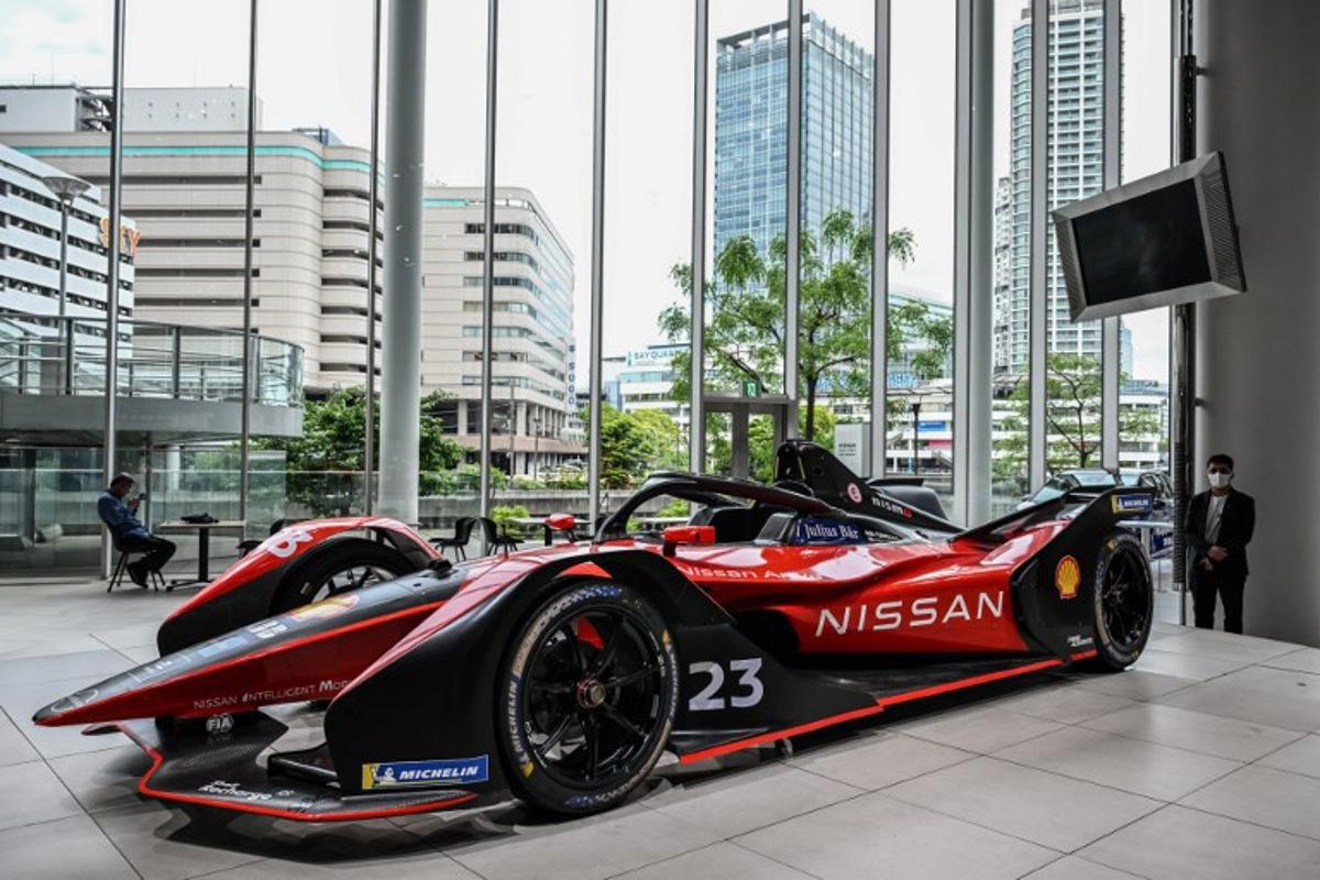 A Nissan Formula E car is displayed at a showroom of Japanese automaker Nissan Motor in Yokohama on May 9, 2024. Yuichi YAMAZAKI / AFP