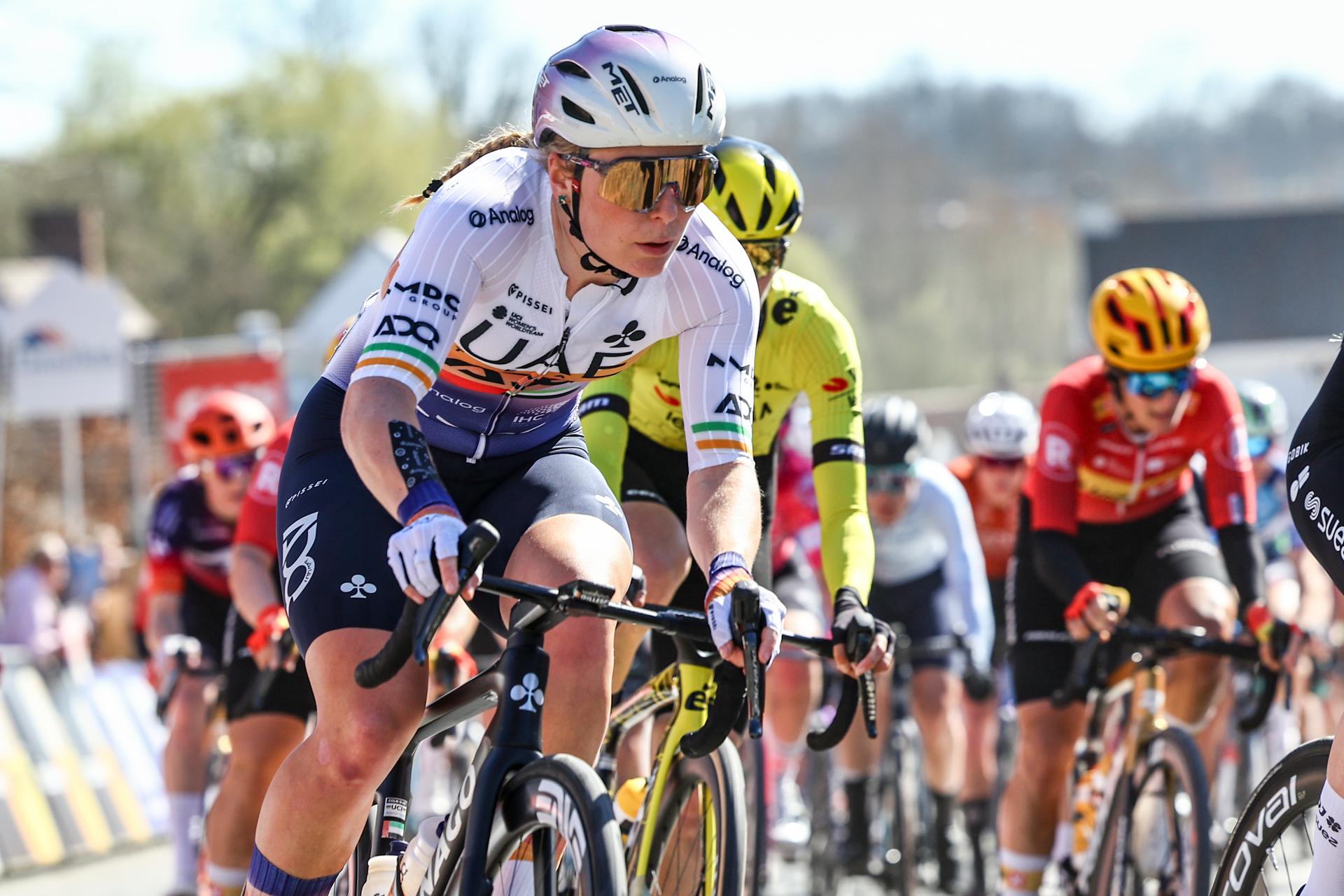 Irish Lara Gillespie of UAE Team ADQ pictured in action during the 'Nokere Koerse' one day cycling race for women elite, 134 km from Deinze to Nokere, on Wednesday 19 March 2025. BELGA PHOTO DAVID PINTENS