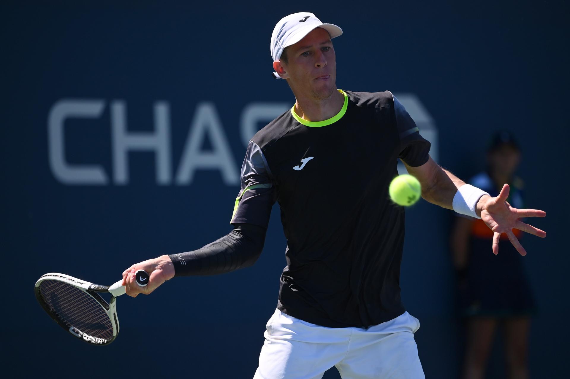 Belgian Kimmer Coppejans pictured in action during a tennis game against Peruvian Buse in the third round of the qualifications for the men's singles of the 2025 US Open Grand Slam tennis tournament in New York City, USA, Friday 22 August 2025. BELGA PHOTO TONY BEHAR