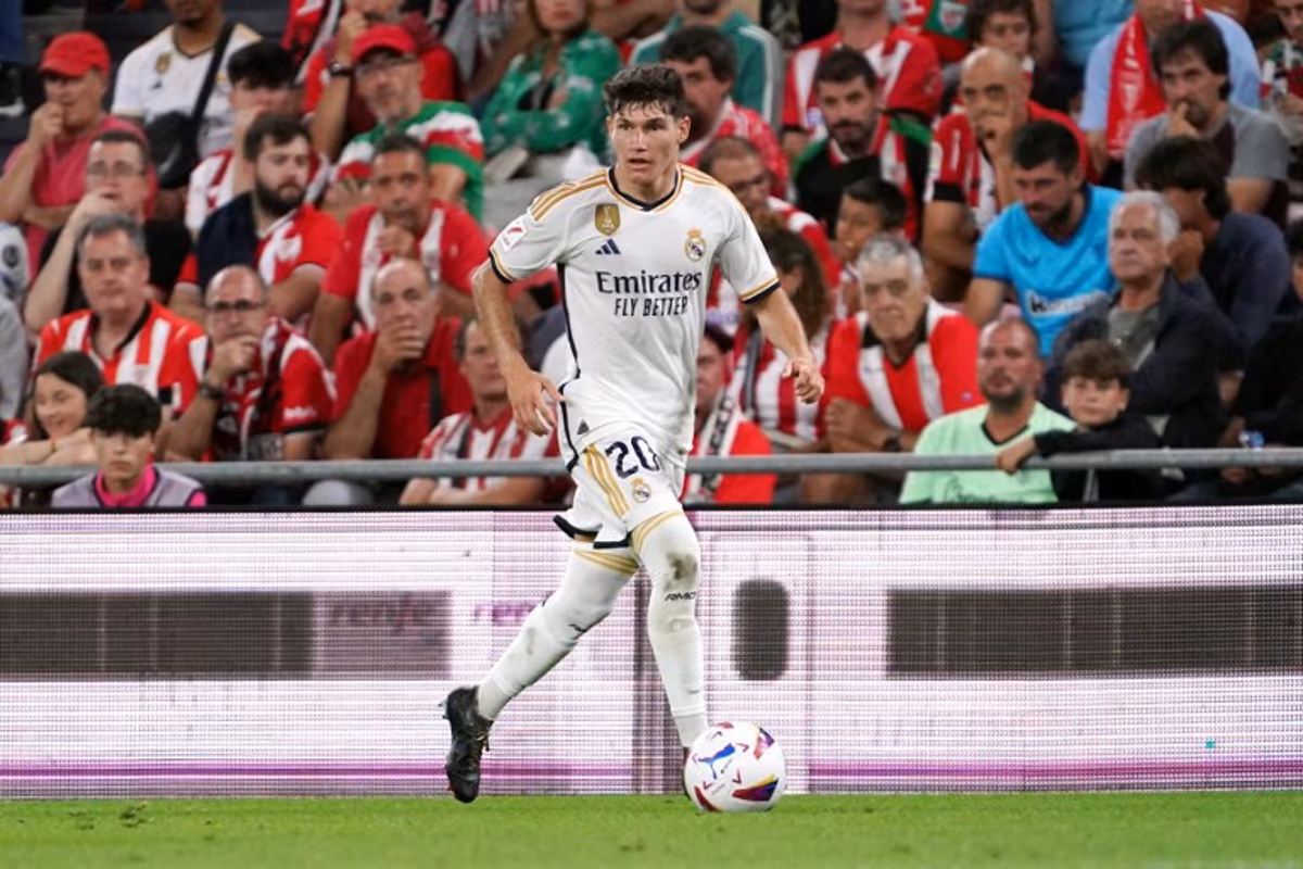 Real Madrid's Spanish defender #20 Fran Garcia controls the ball during the Spanish Liga football match between Athletic Bilbao and Real Madrid at the San Mames stadium in Bilbao on August 12, 2023. CESAR MANSO / AFP
