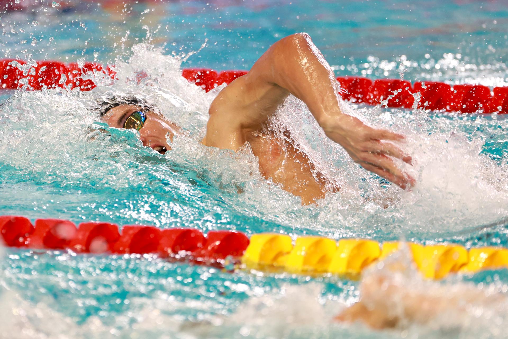 Belgian Lucas Henveaux pictured in action during the men's 200m freestyle at the European Aquatics Short Course Swimming Championships in Lublin, Poland, on Wednesday 03 December 2025. BELGA PHOTO NIKOLA KRSTIC