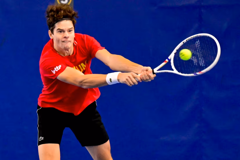 Belgian Alexander Blockx pictured in action during an open training session of the Belgian Davis Cup team ahead of the Davis Cup Finals (November 18-23), in Wilrijk, on Wednesday 12 November 2025. BELGA PHOTO DIRK WAEM