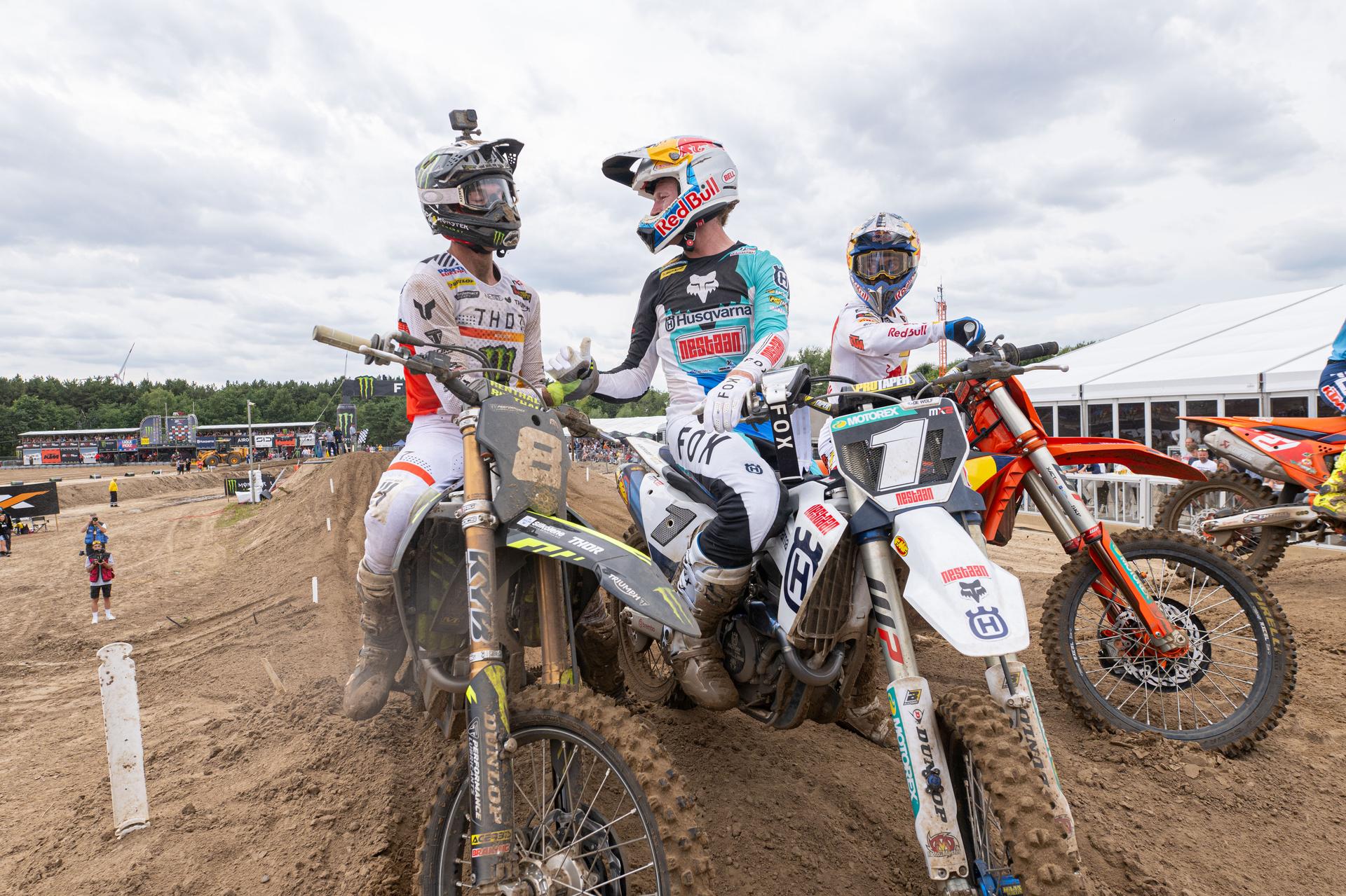 South Africa's Camden McLellan , the Netherlands' Kay de Wolf and Belgium's Sacha Coenen are pictured after the motocross MX2 Grand Prix Flanders, race 15/20 of the FIM Motocross World Championship, Sunday 03 August 2025 in Lommel. BELGA PHOTO JONAS ROOSENS